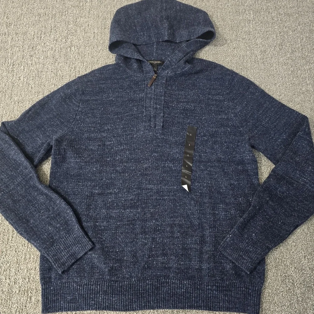 Banana Republic Hooded Sweater L Wool Blend Quarter Zip Blue Marled Casual